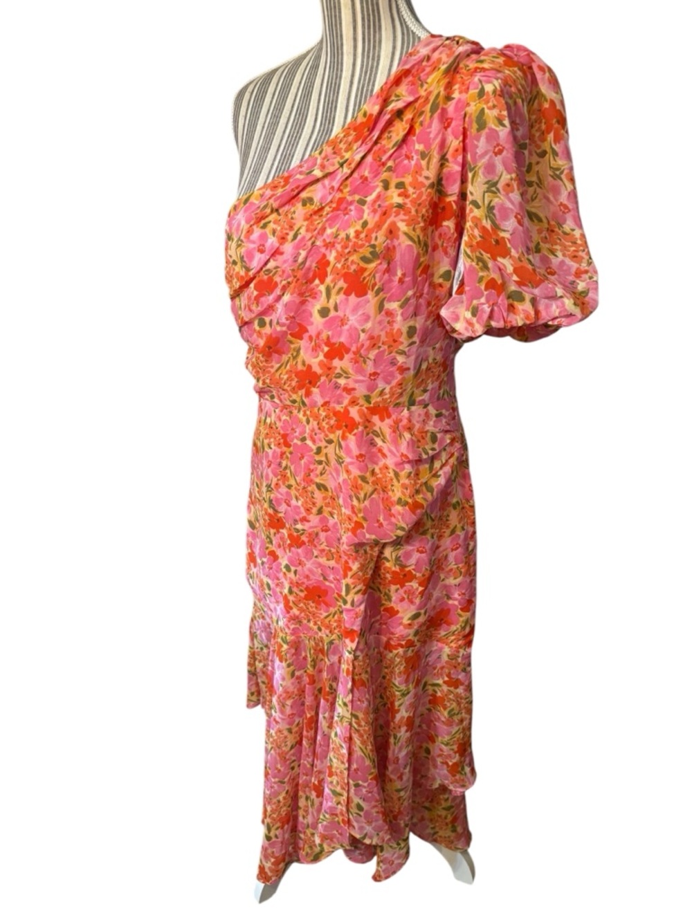 NEW ASTR Dress Large Santorini 1-Shoulder Floral Midi Chiffon Pink Orange Flowy - Picture 9 of 16